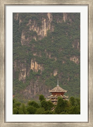 Framed Pagoda and giant karst peak behind, Yangshuo Bridge, China Print