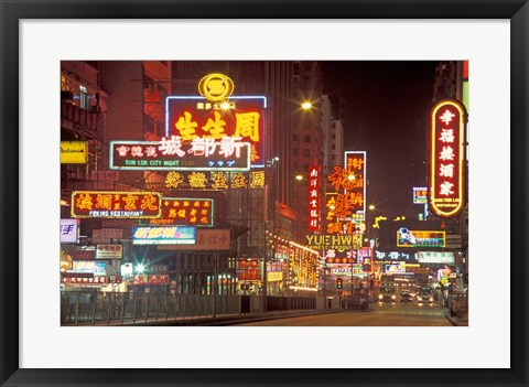 Framed Neon Lights at Night, Nathan Road, Hong Kong, China Print