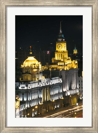 Framed Night View of Colonial Buildings on the Bund, Shanghai, China Print