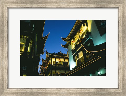Framed Night View of Traditional Architecture at Yuyuan Bazaar, Shanghai, China Print