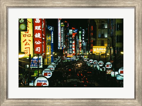 Framed Night View of Busy Nanjing Road, Shanghai, China Print