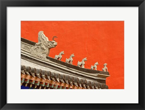 Framed Rooftop figures and colorful wall, Forbidden City, Beijing, China Print