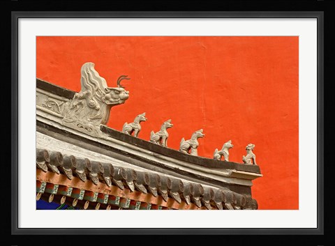 Framed Rooftop figures and colorful wall, Forbidden City, Beijing, China Print