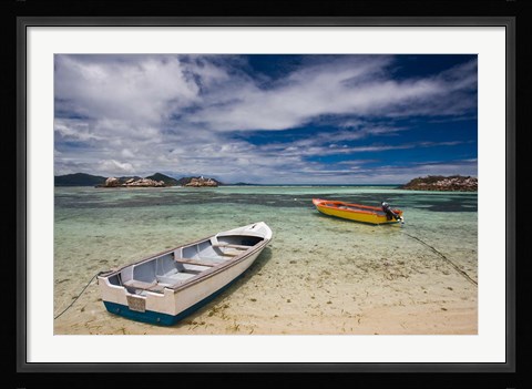 Framed Seychelles, La Digue Island, Fishing boats Print
