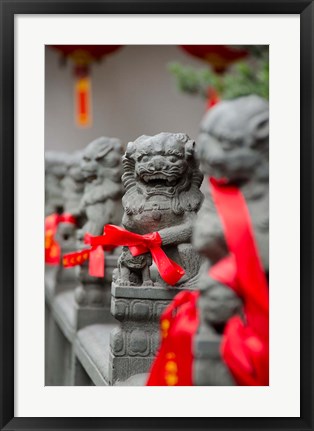 Framed Stone lions with red ribbon, Jade Buddah Temple, Shanghai, China Print