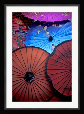 Framed Souvenir parasols for sale at a market, Rangoon, Burma Print