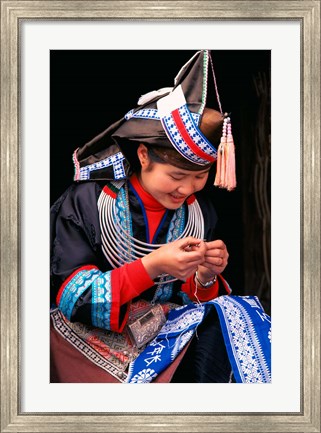 Framed Tip-Top Miao Girl Doing Traditional Embroidery, China Print