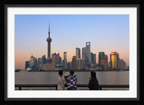 Framed Pudong skyline dominated by Oriental Pearl TV Tower, Shanghai, China Print