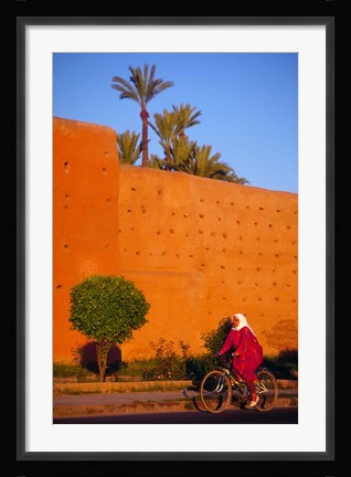 Framed Veiled Woman Bicycling Below Red City Walls, Marrakech, Morocco Print