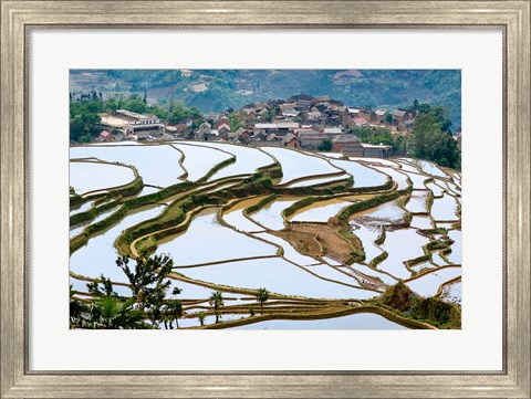 Framed Village Beside Flooded Jiayin Terraces, Honghe County, Yunnan, China Print