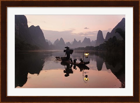 Framed Traditional Chinese Fisherman with Cormorants, Li River, Guilin, China Print