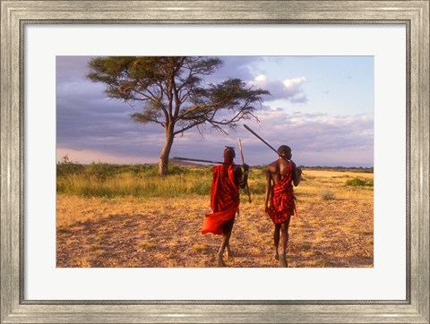 Framed Two Maasai Morans Walking with Spears at Sunset, Amboseli National Park, Kenya Print
