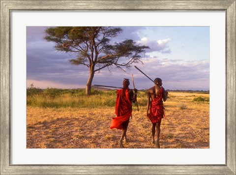 Framed Two Maasai Morans Walking with Spears at Sunset, Amboseli National Park, Kenya Print