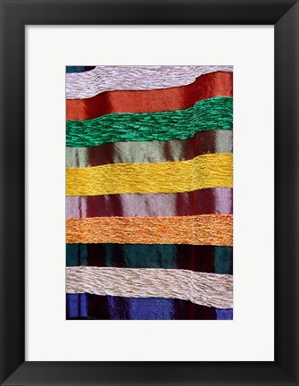 Framed Colorful silk textiles, Fes, Morocco, Africa Print