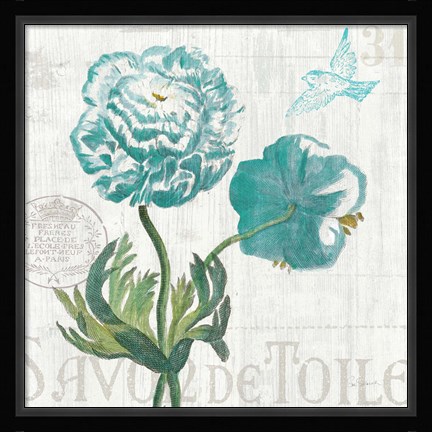 Framed Floral Messages on Wood I Blue Print