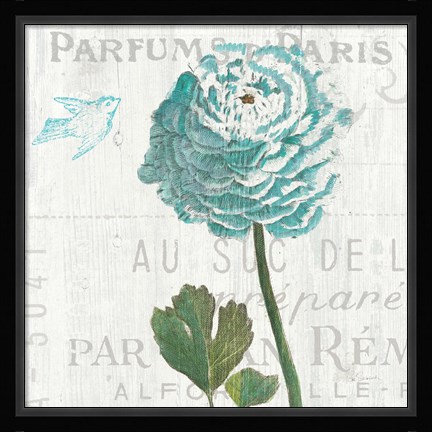 Framed Floral Messages on Wood II Blue Print