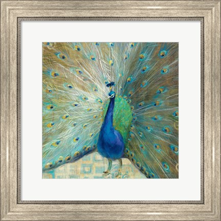 Framed Blue Peacock on Gold Print