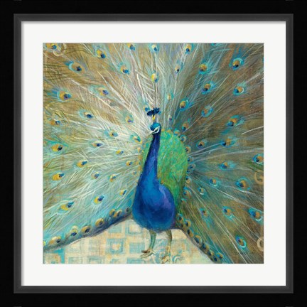 Framed Blue Peacock on Gold Print