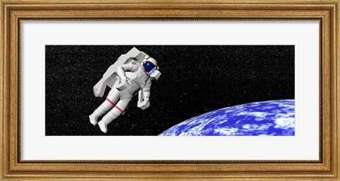 Framed Astronaut floating in outer space above planet Earth Print