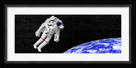 Framed Astronaut floating in outer space above planet Earth Print