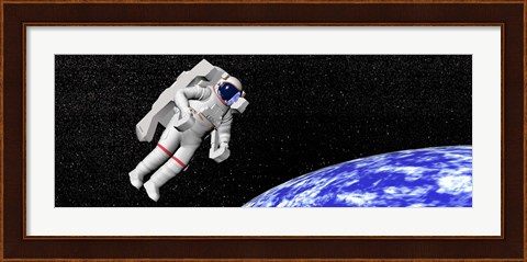 Framed Astronaut floating in outer space above planet Earth Print