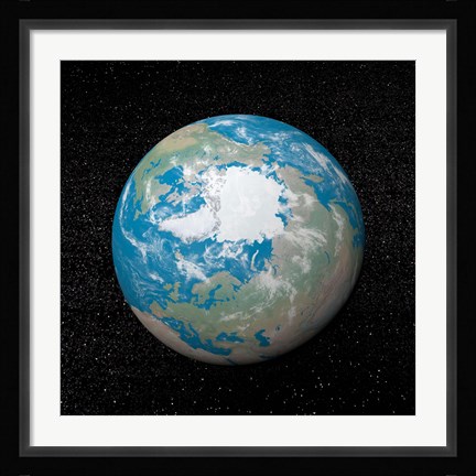 Framed 3D rendering of planet Earth centered on the North Pole Print
