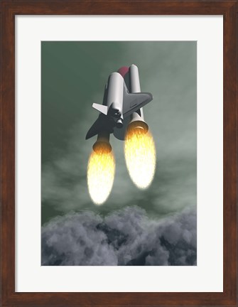Framed Space shuttle taking off amongst grey smoke and clouds Print