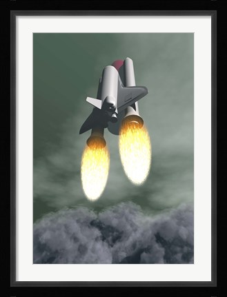 Framed Space shuttle taking off amongst grey smoke and clouds Print