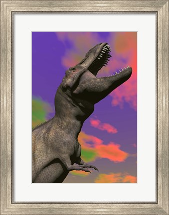 Framed Tyrannosaurus Rex roaring against a colorful sky Print