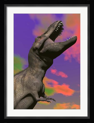 Framed Tyrannosaurus Rex roaring against a colorful sky Print