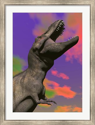 Framed Tyrannosaurus Rex roaring against a colorful sky Print