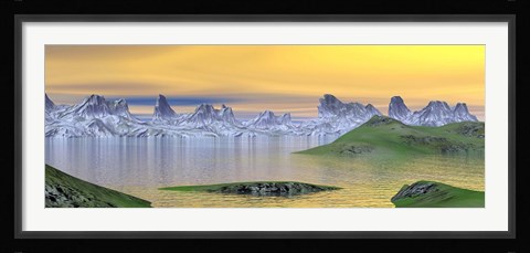 Framed Beautiful sunset over landscape with green grass and rocky mountains Print