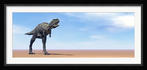 Framed Large Aucasaurus dinosaur standing in the desert Print