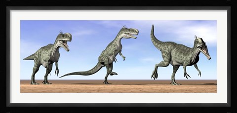 Framed Three Monolophosaurus dinosaurs standing in the desert Print