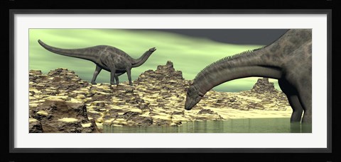 Framed Two Dicraeosaurus dinosaurs in a desert landscape Print