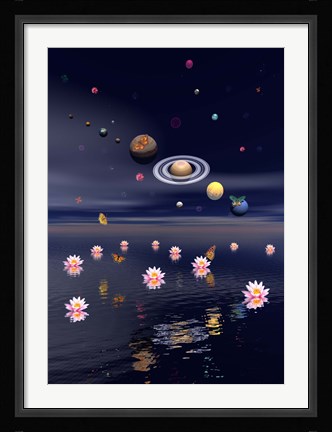 Framed Planets of the solar system surrounded by lotus flowers and butterflies Print