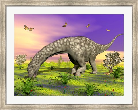 Framed Argentinosaurus eating plants while surrounded by butterflies and flowers Print