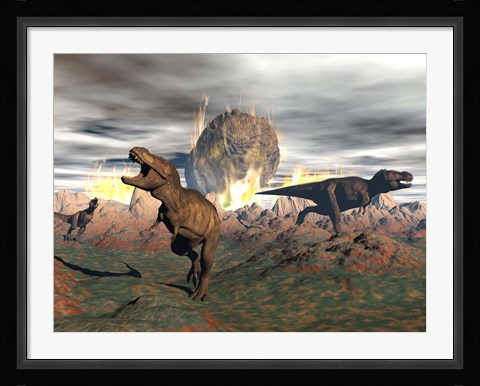 Framed Tyrannosaurus Rex dinosaurs escaping a big meteorite crash Print