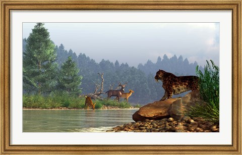 Framed saber-toothed cat looks across a river at a family of deer Print