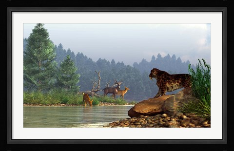Framed saber-toothed cat looks across a river at a family of deer Print