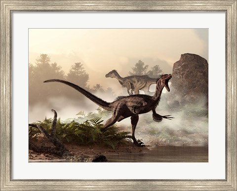 Framed pair of velociraptors patrol the shore of an ancient lake Print