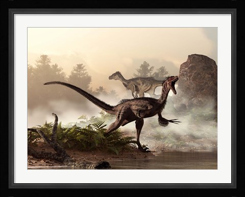 Framed pair of velociraptors patrol the shore of an ancient lake Print