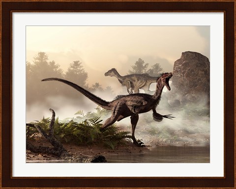 Framed pair of velociraptors patrol the shore of an ancient lake Print