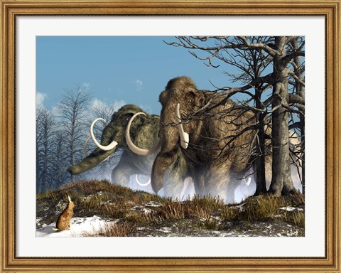 Framed rabbit witnesses a herd of mammoths in a snowy forest Print