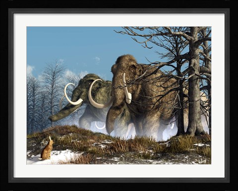 Framed rabbit witnesses a herd of mammoths in a snowy forest Print