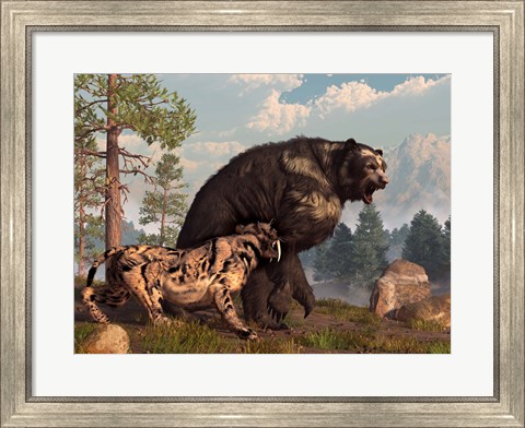 Framed saber-toothed cat tries to drive a short-faced bear out of its territory Print