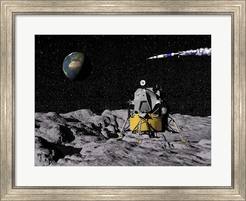Framed Apollo on surface of moon, with Saturn V rocket in the background Print
