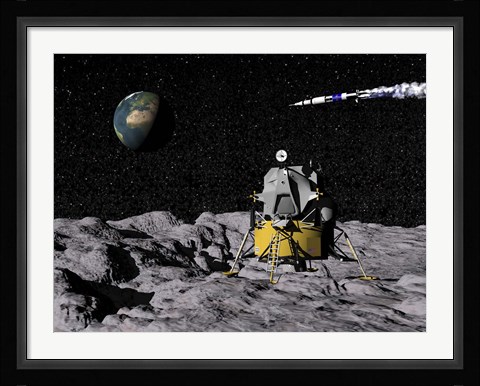 Framed Apollo on surface of moon, with Saturn V rocket in the background Print