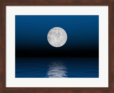 Framed Beautiful full moon against a deep blue sky over the ocean Print