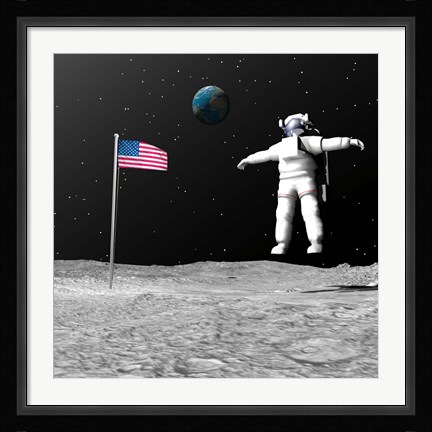 Framed First astronaut on the moon floating next to American flag Print